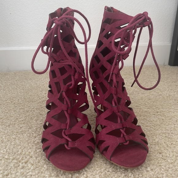 Charlotte Russe Plum Suede Lace Up Heels with back zip - Picture 3 of 7